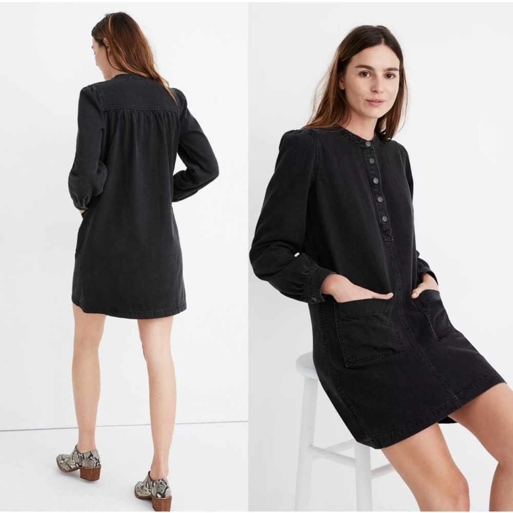 Madewell Denim Patch Pockets Popover Shirtdress in Shrader Wash Black Small